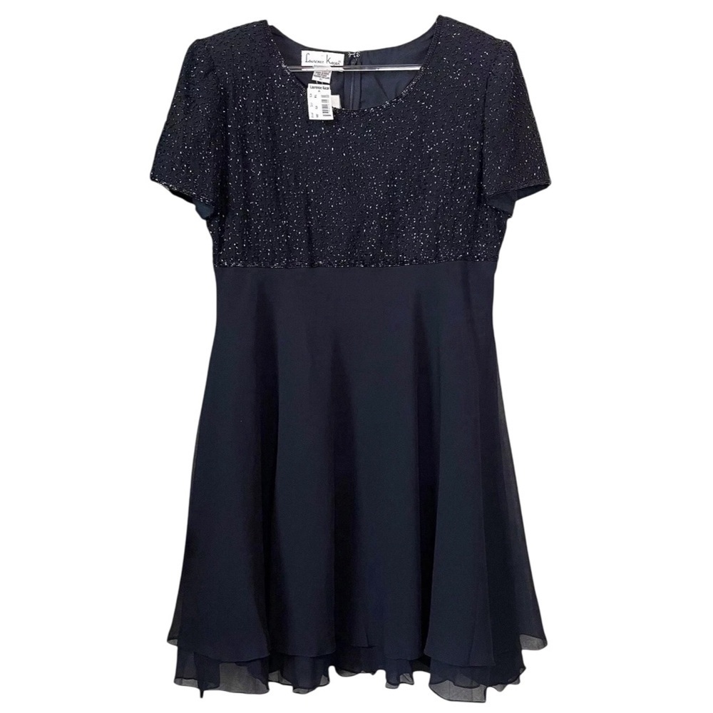 New Vtg Laurence Kazar Beaded Modest Cocktail Mini Dress Black Size XL